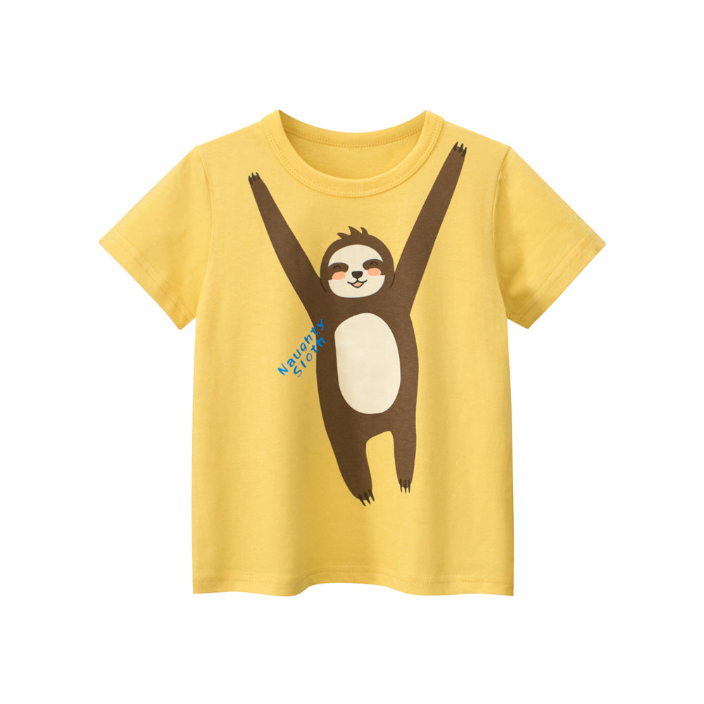 Boys’ yellow cotton t-shirt featuring a cartoon naughty monkey print, perfect for summer wear.