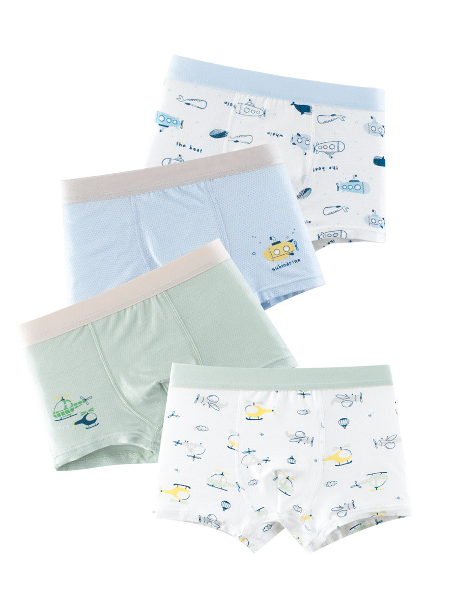 Boys' cartoon pattern printed boxer shorts in blue, green, and yellow colors, made from breathable cotton blend material.
