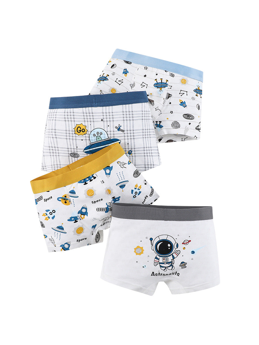 Boys' cartoon pattern printed boxer shorts in blue, green, and yellow colors, made from breathable cotton blend material.