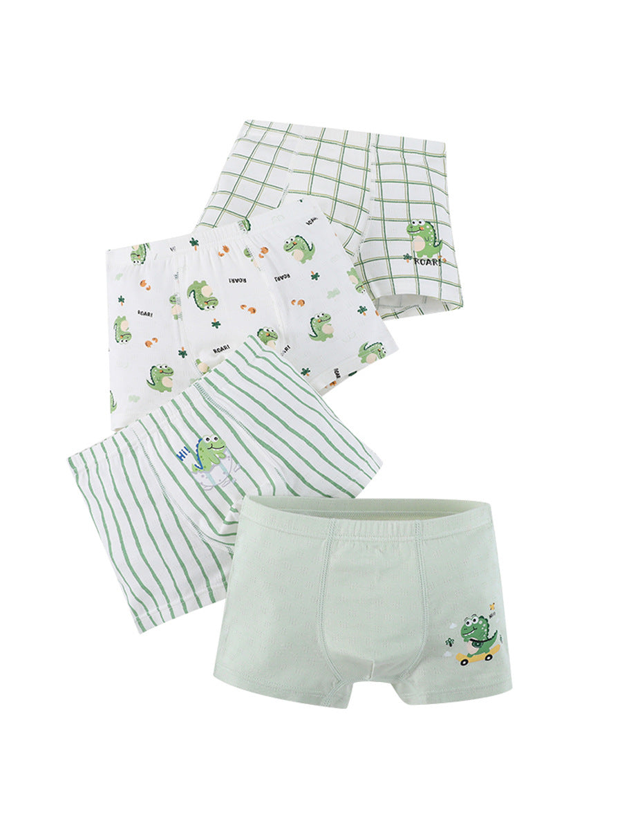 Boys' cartoon pattern printed boxer shorts in blue, green, and yellow colors, made from breathable cotton blend material.