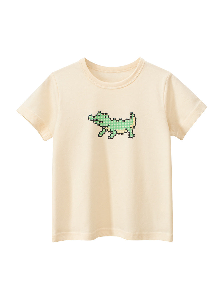 Boys’ Cartoon Pixel Crocodile Pattern T-Shirt in blue and beige, showcasing a playful crocodile design perfect for summer wear.