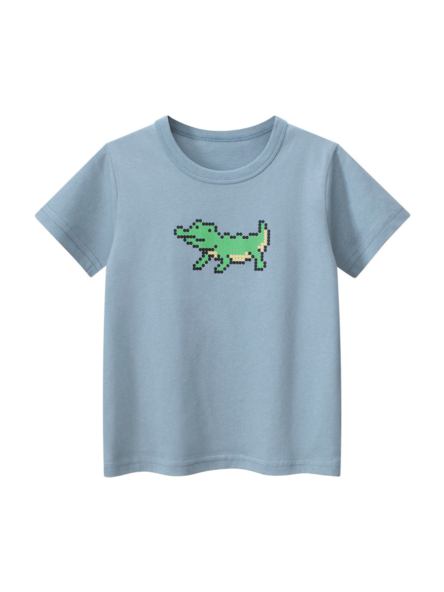 Boys’ Cartoon Pixel Crocodile Pattern T-Shirt in blue and beige, showcasing a playful crocodile design perfect for summer wear.