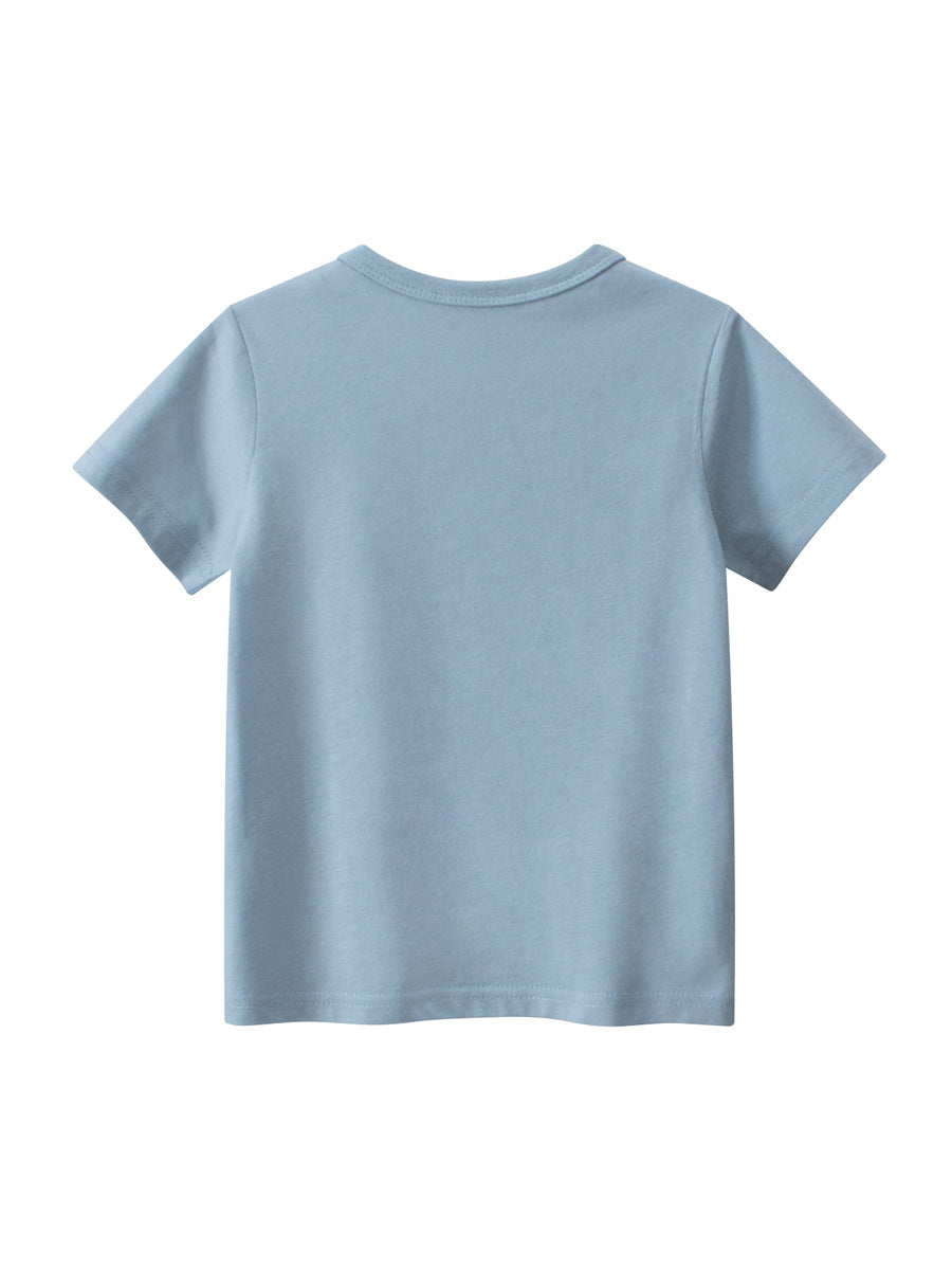 Boys’ Cartoon Pixel Crocodile Pattern T-Shirt in blue and beige, showcasing a playful crocodile design perfect for summer wear.