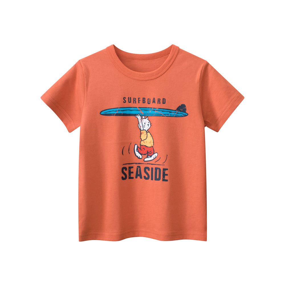 Boys’ Cartoon Seaside Cat T-Shirt in vibrant orange, featuring a playful seaside cat and letters print, perfect for summer wear.