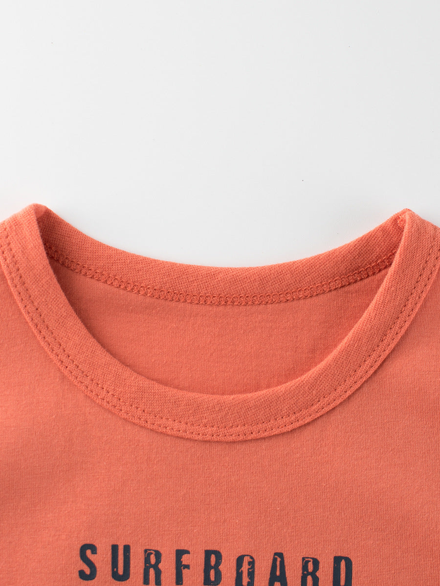 Boys’ Cartoon Seaside Cat T-Shirt in vibrant orange, featuring a playful seaside cat and letters print, perfect for summer wear.