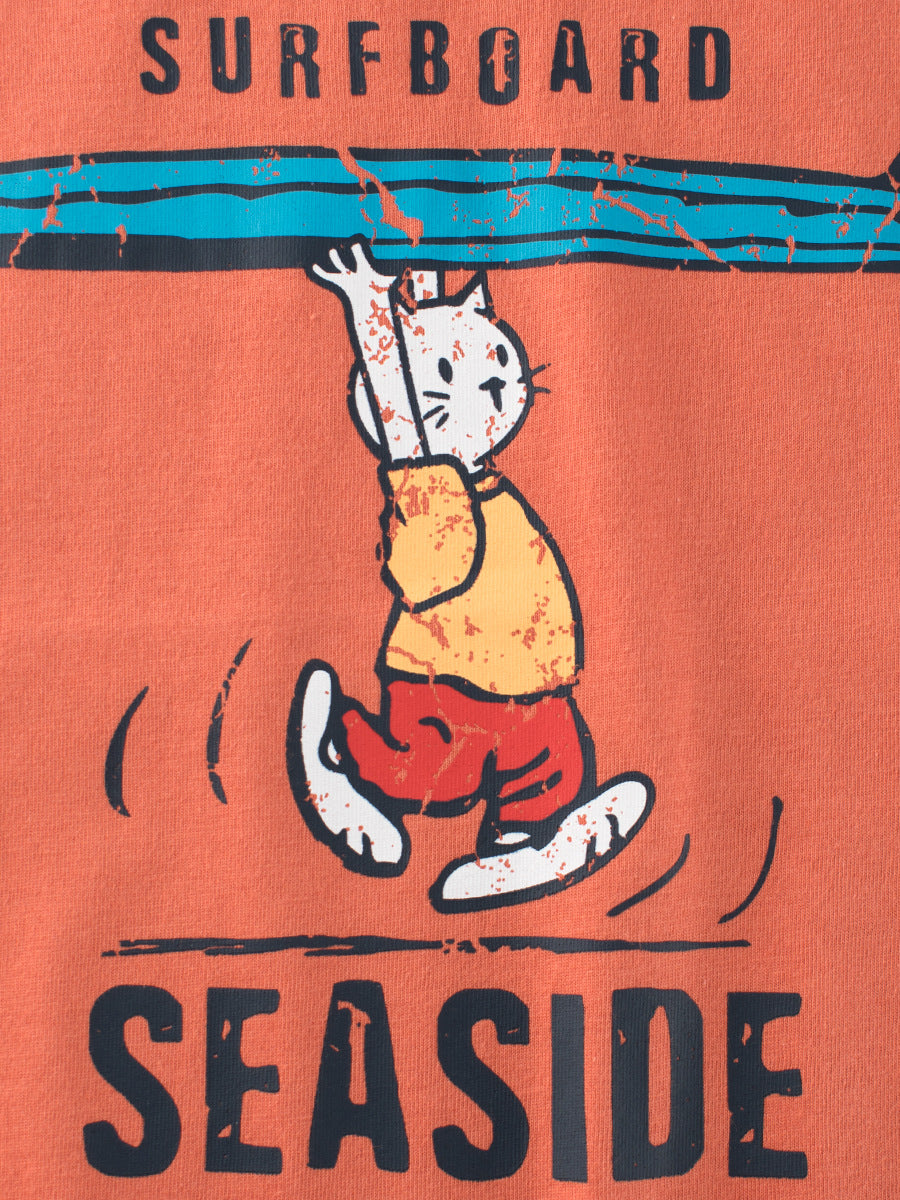 Boys’ Cartoon Seaside Cat T-Shirt in vibrant orange, featuring a playful seaside cat and letters print, perfect for summer wear.