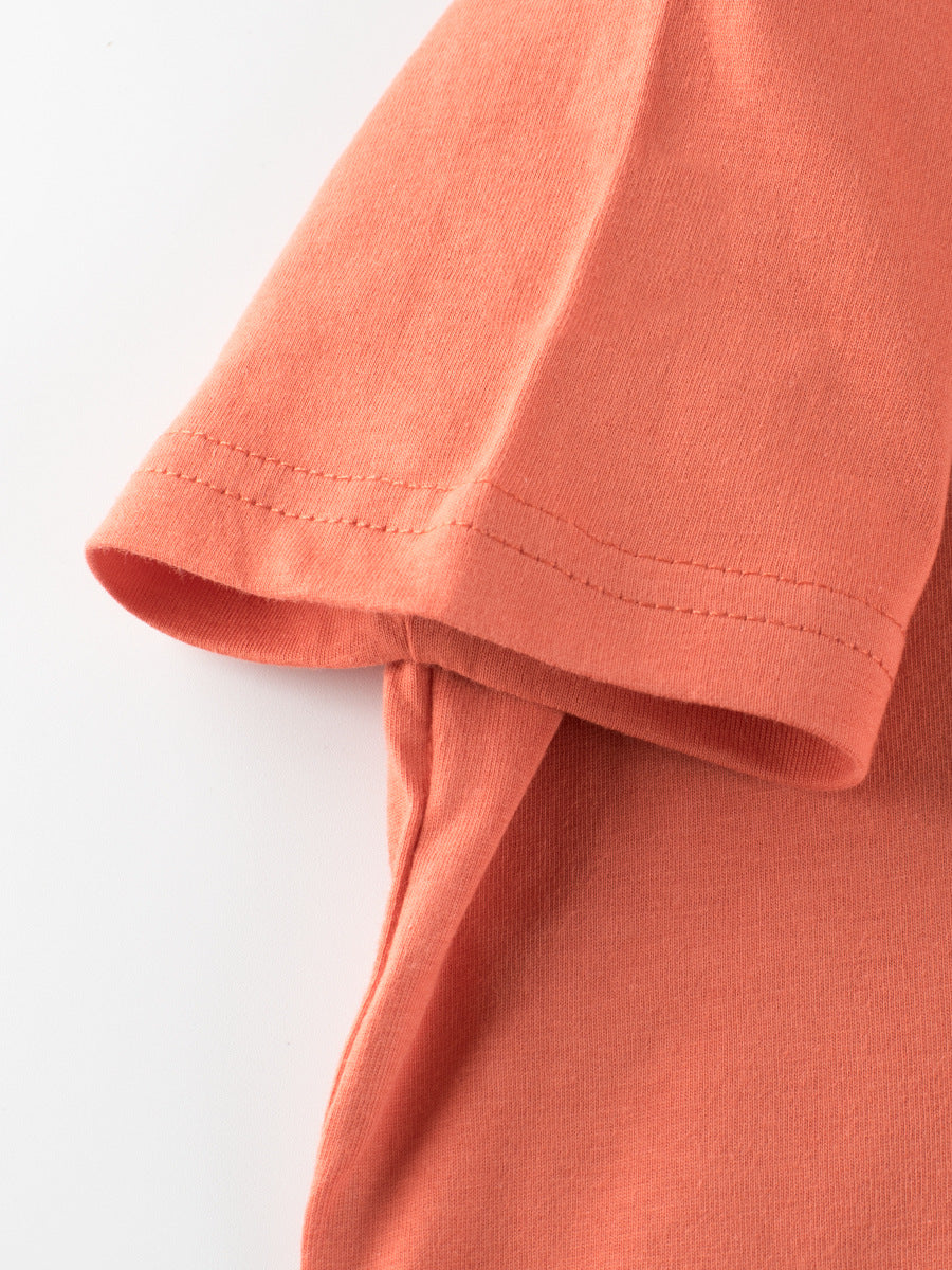 Boys’ Cartoon Seaside Cat T-Shirt in vibrant orange, featuring a playful seaside cat and letters print, perfect for summer wear.