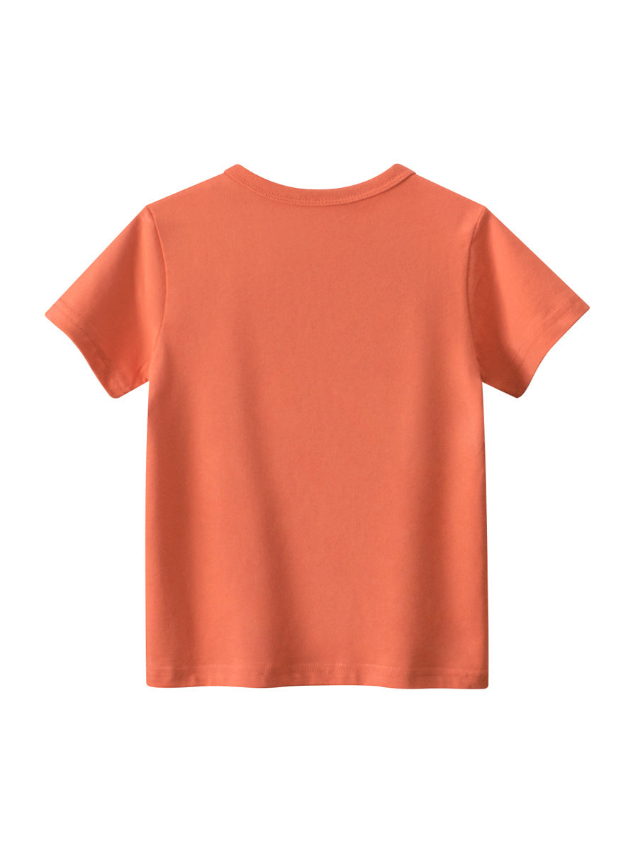 Boys’ Cartoon Seaside Cat T-Shirt in vibrant orange, featuring a playful seaside cat and letters print, perfect for summer wear.
