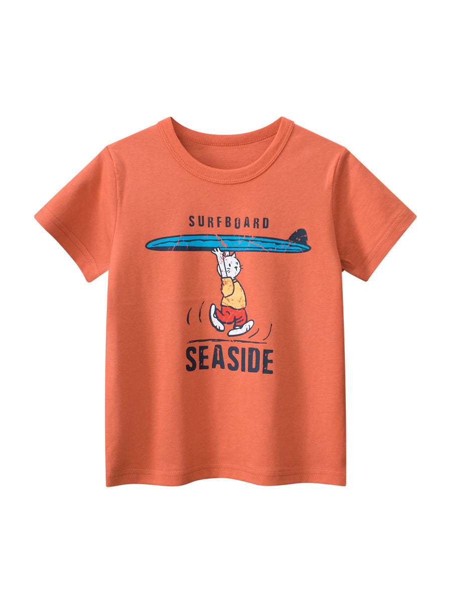 Boys’ Cartoon Seaside Cat T-Shirt in vibrant orange, featuring a playful seaside cat and letters print, perfect for summer wear.