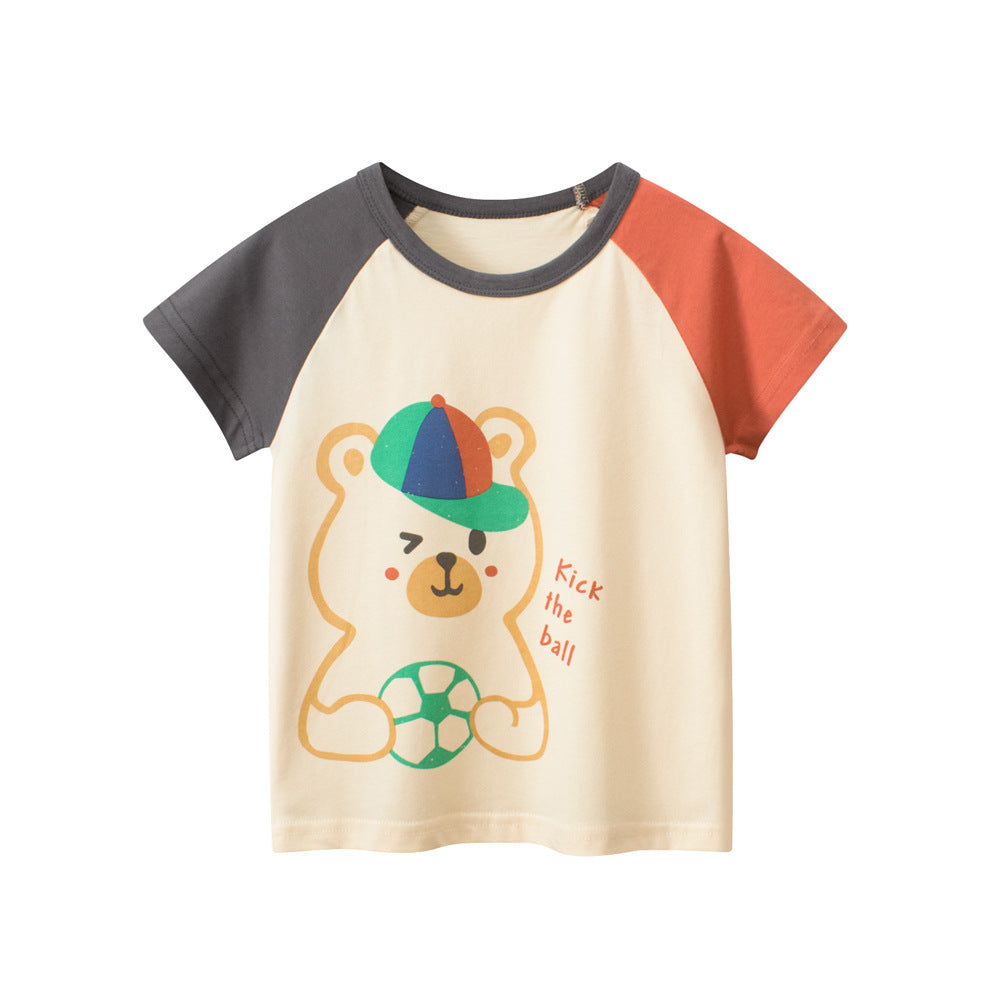 Boys’ Cartoon Teddy Bear Pattern T-Shirt in apricot color, made of soft cotton, featuring a playful teddy bear design.