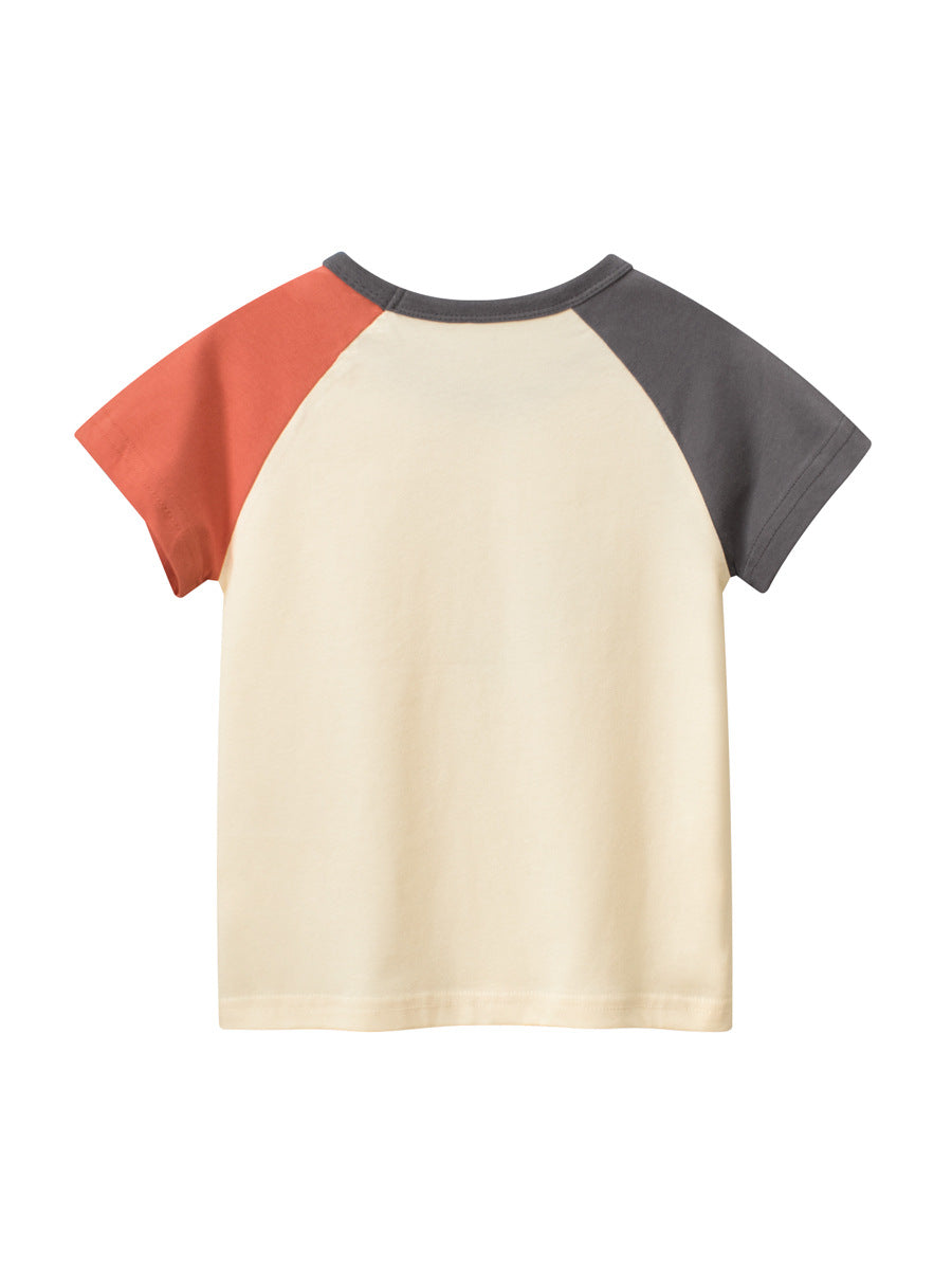 Boys’ Cartoon Teddy Bear Pattern T-Shirt in apricot color, made of soft cotton, featuring a playful teddy bear design.