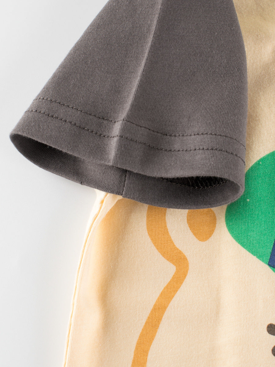 Boys’ Cartoon Teddy Bear Pattern T-Shirt in apricot color, made of soft cotton, featuring a playful teddy bear design.