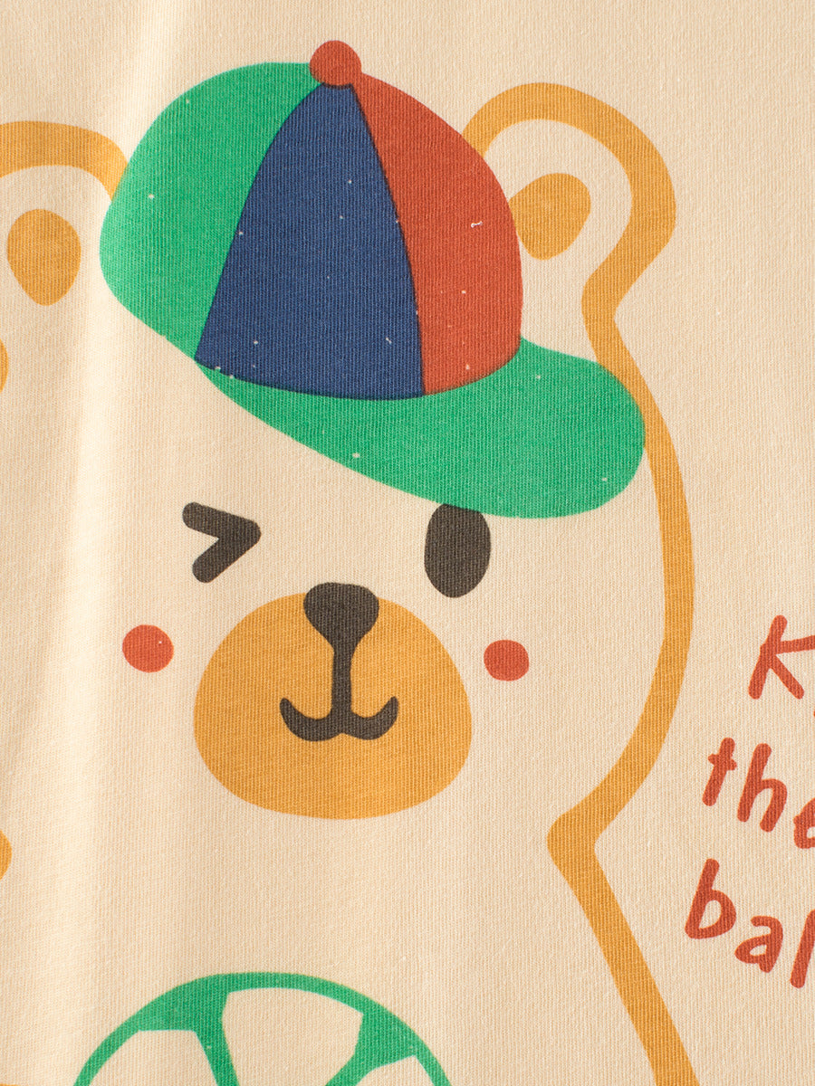 Boys’ Cartoon Teddy Bear Pattern T-Shirt in apricot color, made of soft cotton, featuring a playful teddy bear design.