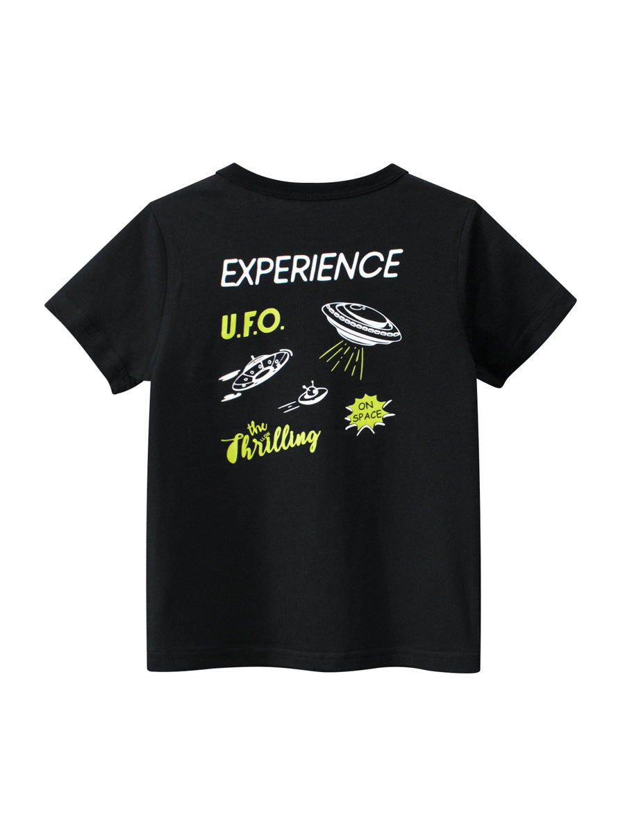Boys’ Cartoon UFO Pattern T-Shirt in black cotton, featuring a playful UFO design, perfect for summer wear.