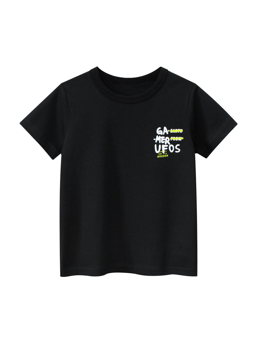 Boys’ Cartoon UFO Pattern T-Shirt in black cotton, featuring a playful UFO design, perfect for summer wear.