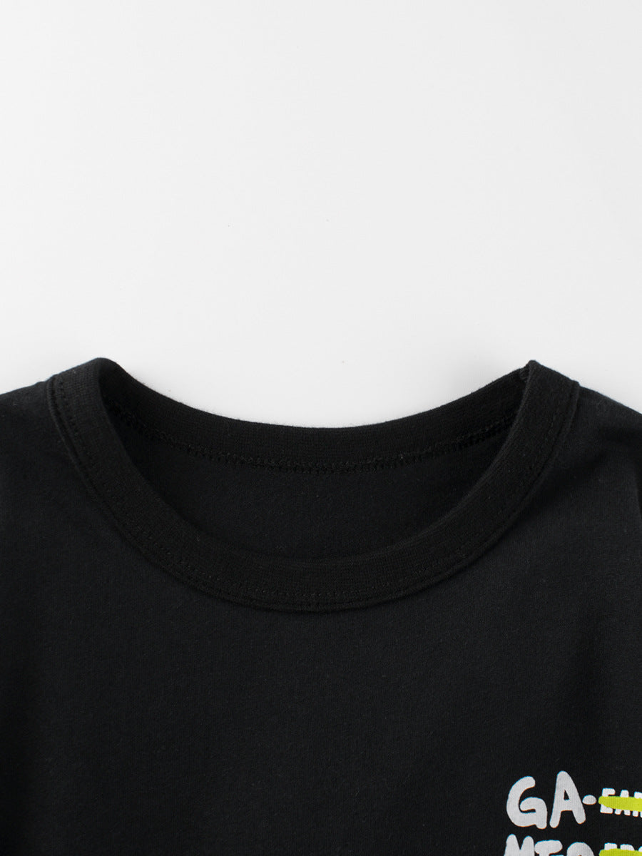 Boys’ Cartoon UFO Pattern T-Shirt in black cotton, featuring a playful UFO design, perfect for summer wear.