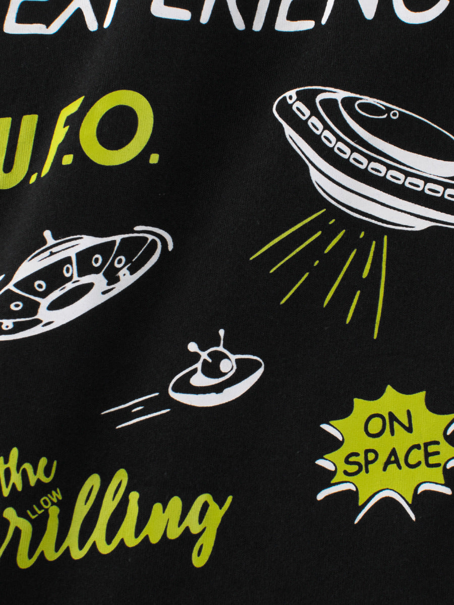 Boys’ Cartoon UFO Pattern T-Shirt in black cotton, featuring a playful UFO design, perfect for summer wear.