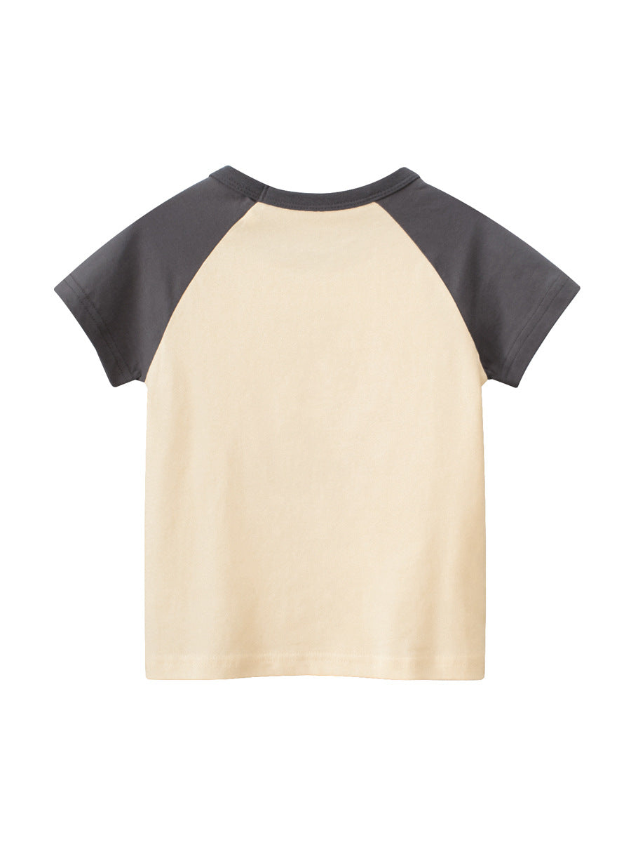 Boys’ Dinosaur and Lion Cartoon Print T-Shirt in beige cotton, featuring playful graphics for summer wear.