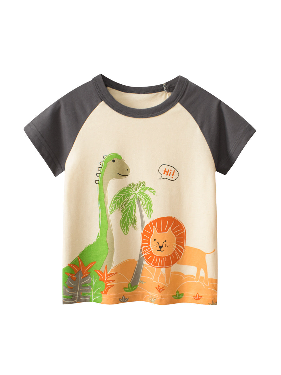 Boys’ Dinosaur and Lion Cartoon Print T-Shirt in beige cotton, featuring playful graphics for summer wear.