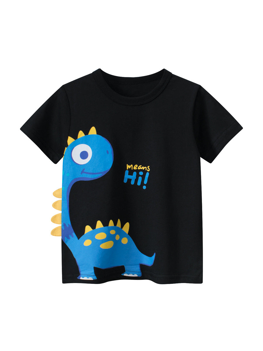 Boys’ Dinosaur Cartoon Design T-Shirt in black cotton, featuring a playful dinosaur print, perfect for summer wear.
