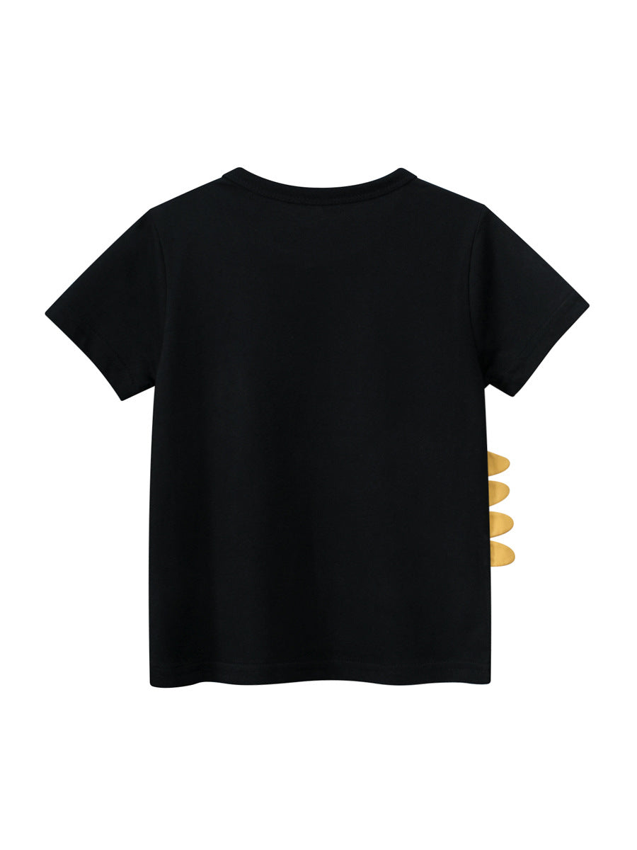 Boys’ Dinosaur Cartoon Design T-Shirt in black cotton, featuring a playful dinosaur print, perfect for summer wear.