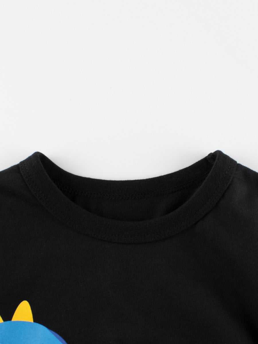 Boys’ Dinosaur Cartoon Design T-Shirt in black cotton, featuring a playful dinosaur print, perfect for summer wear.