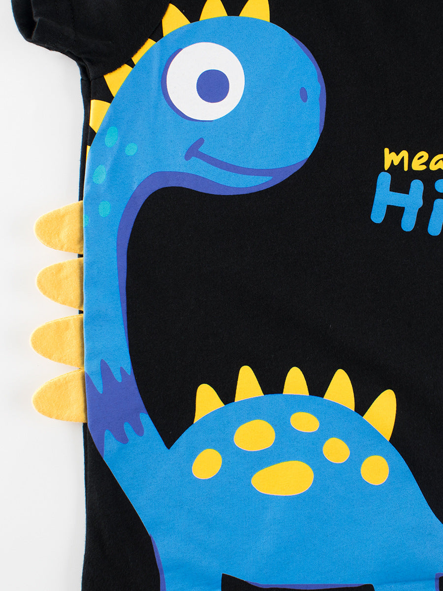 Boys’ Dinosaur Cartoon Design T-Shirt in black cotton, featuring a playful dinosaur print, perfect for summer wear.
