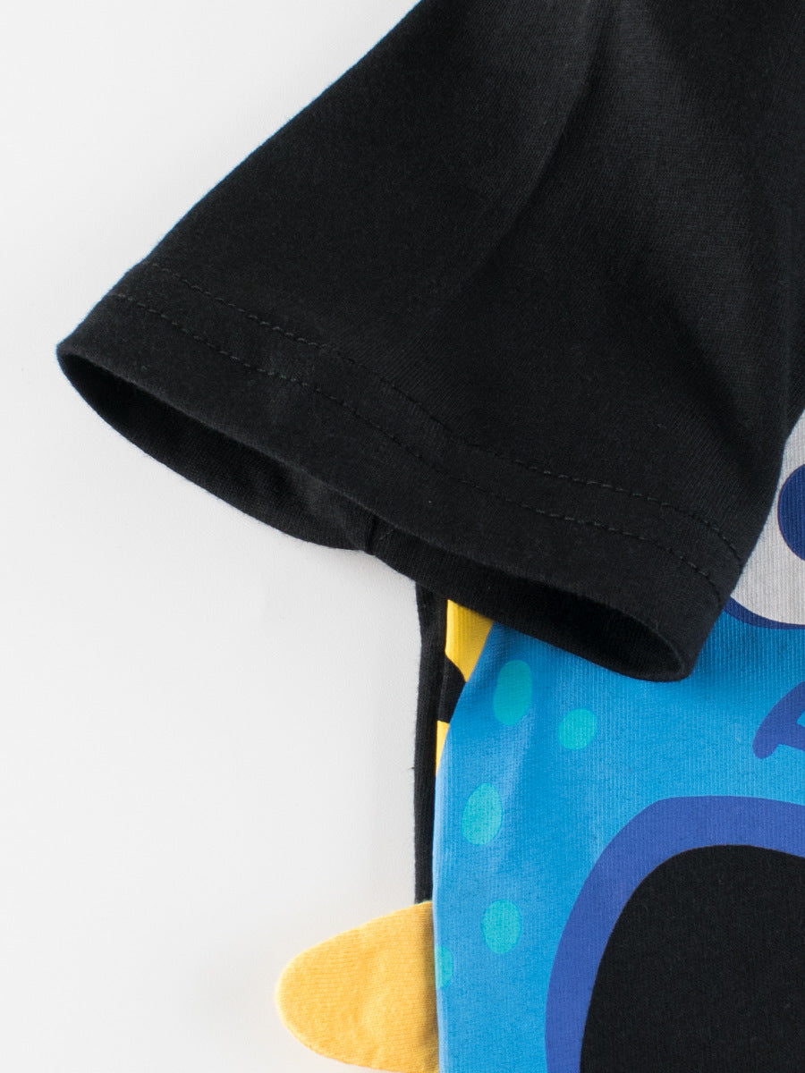 Boys’ Dinosaur Cartoon Design T-Shirt in black cotton, featuring a playful dinosaur print, perfect for summer wear.