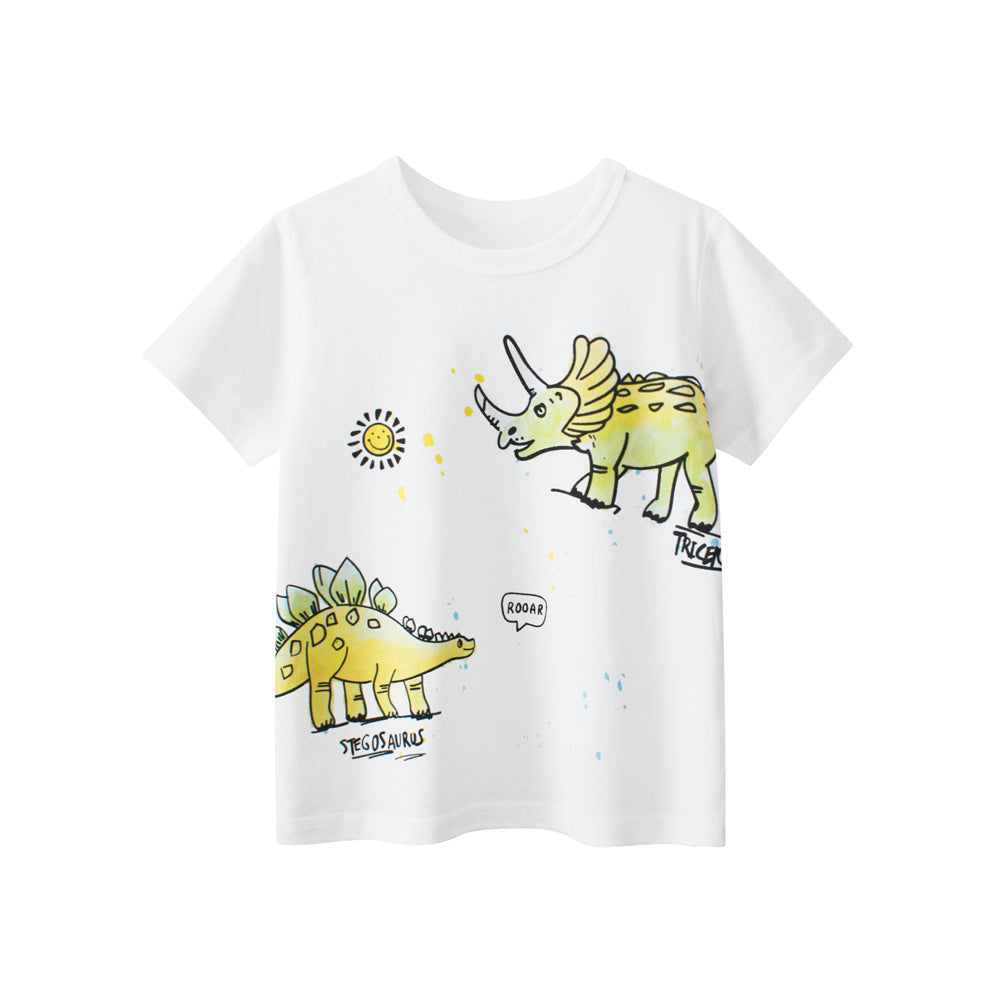 Boys’ beige t-shirt featuring a colorful dinosaur cartoon print, perfect for summer wear.