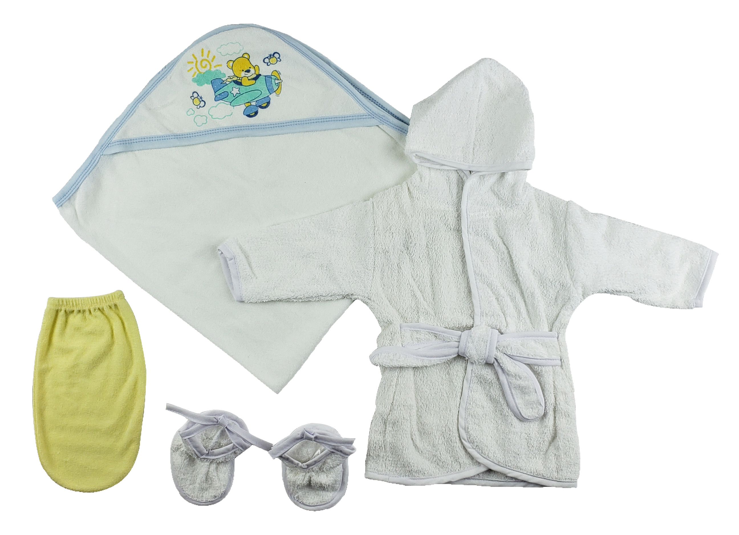 Boys Infant Robe, Hooded Towel and Washcloth Mitt set displayed on a soft surface, showcasing the cozy cotton fabric and adorable design.