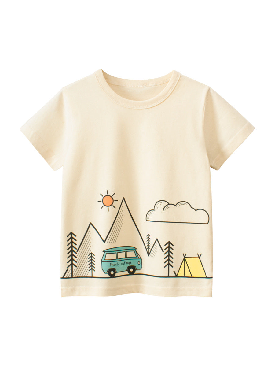Boys’ Outing Scene Print T-Shirt in apricot color, featuring a cartoon design, made of soft cotton for summer wear.