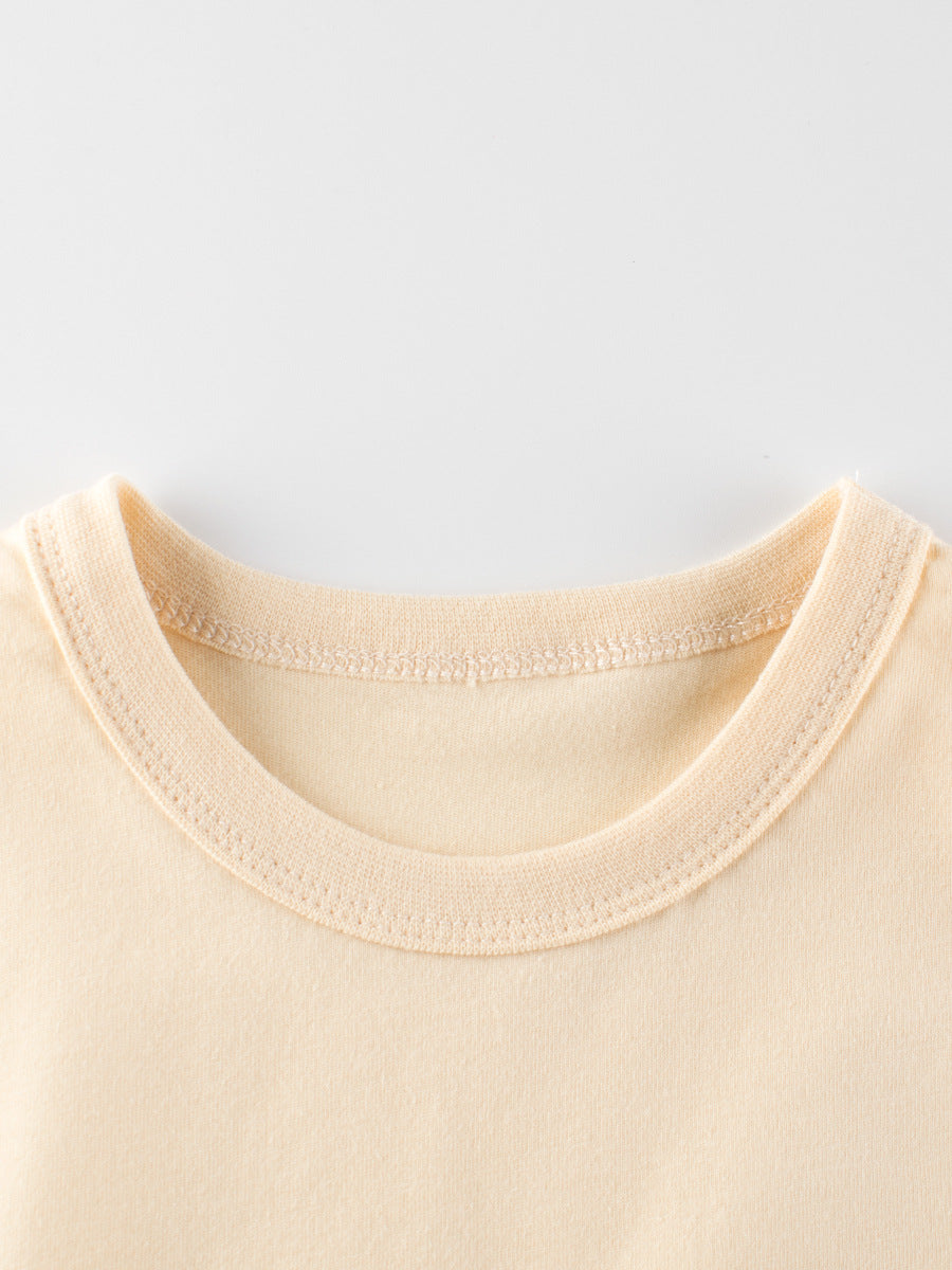 Boys’ Outing Scene Print T-Shirt in apricot color, featuring a cartoon design, made of soft cotton for summer wear.