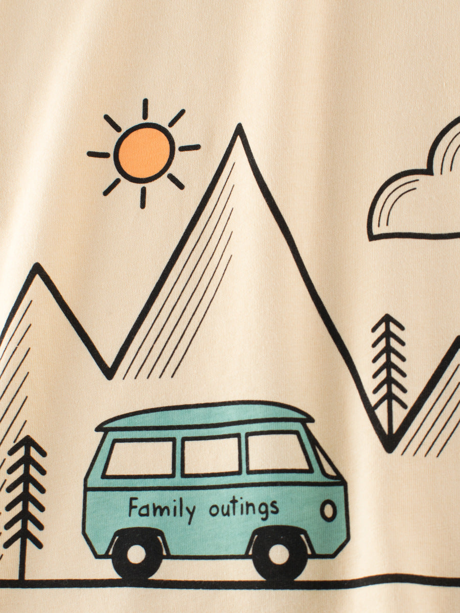 Boys’ Outing Scene Print T-Shirt in apricot color, featuring a cartoon design, made of soft cotton for summer wear.