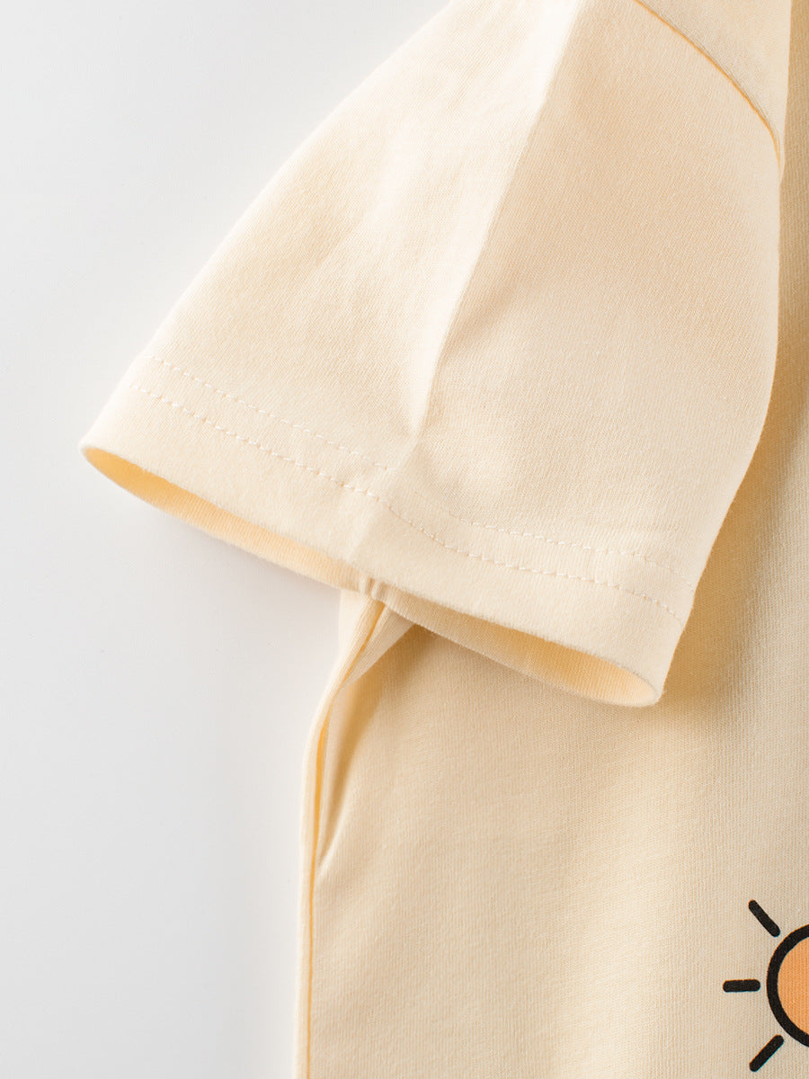 Boys’ Outing Scene Print T-Shirt in apricot color, featuring a cartoon design, made of soft cotton for summer wear.