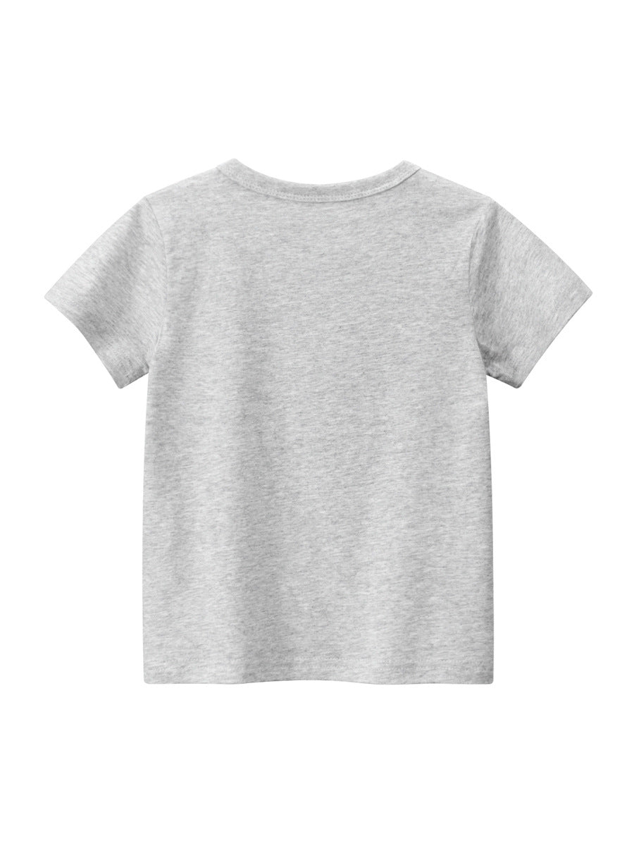 Boys’ grey cotton t-shirt featuring a colorful pick-up truck print, perfect for summer wear.