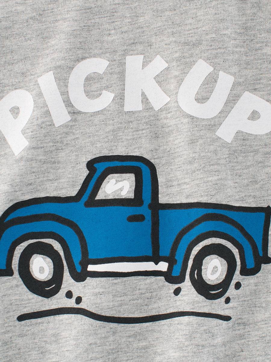 Boys’ grey cotton t-shirt featuring a colorful pick-up truck print, perfect for summer wear.