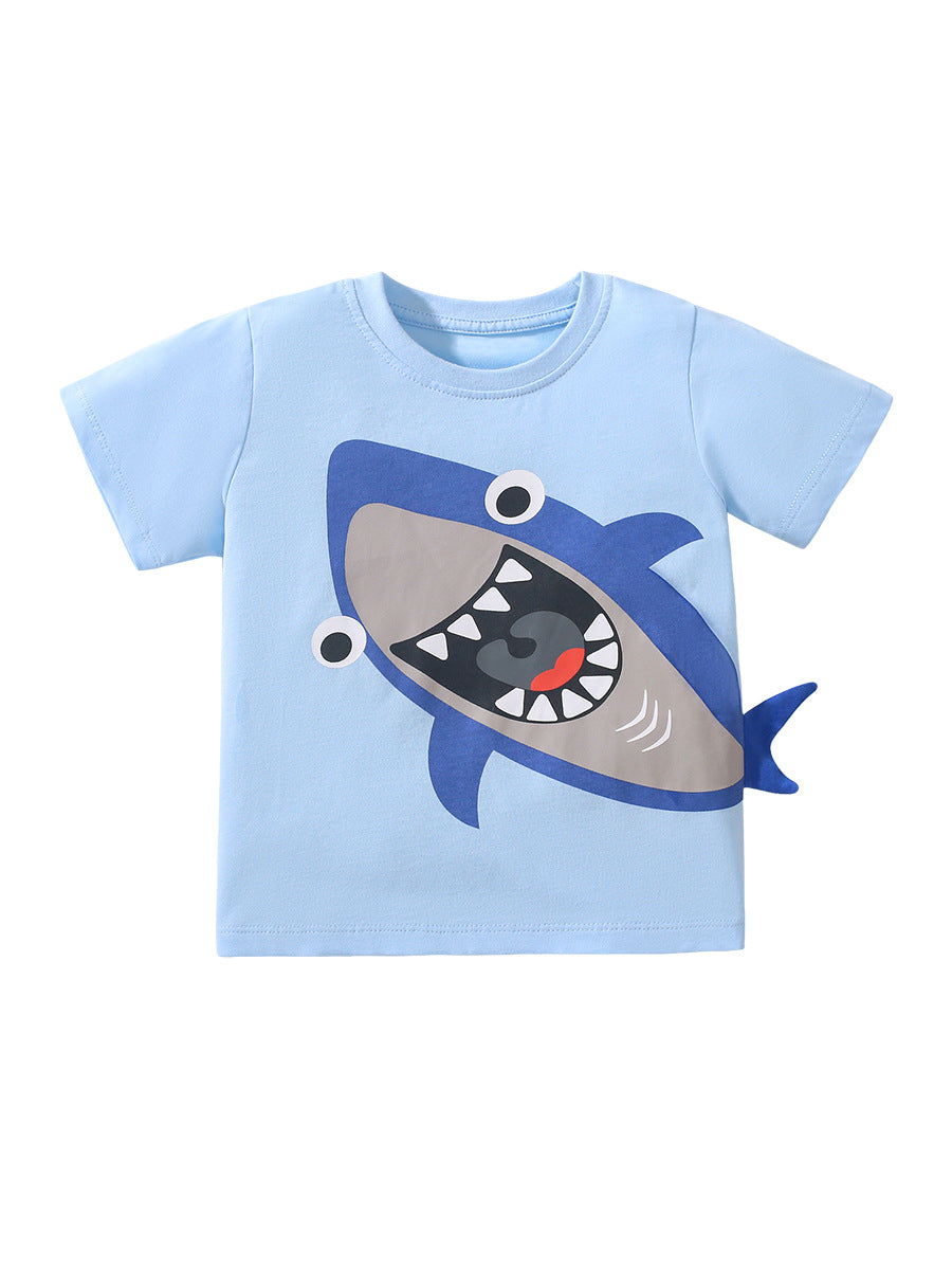 Boys’ Shark Design T-Shirt in blue cotton, featuring a playful shark graphic, perfect for summer wear.