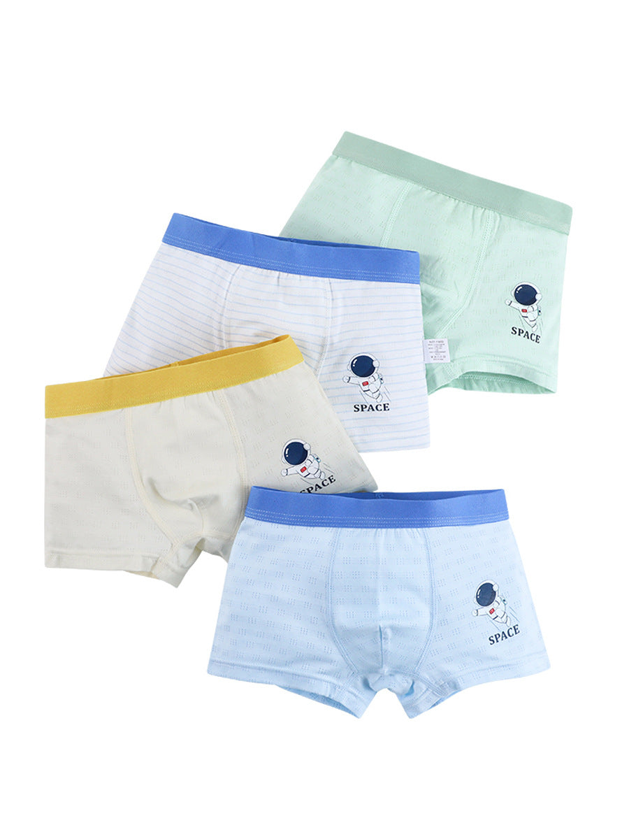 Boys' boxer shorts featuring a fun astronaut cartoon print in blue and light blue colors, made from breathable cotton blend material.