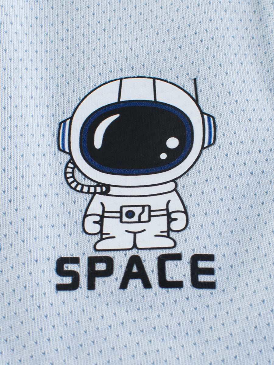 Boys' boxer shorts featuring a fun astronaut cartoon print in blue and light blue colors, made from breathable cotton blend material.