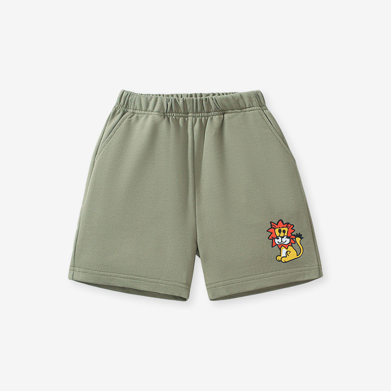 Boys solid soft cotton casual shorts in green with a cartoon logo, perfect for summer wear.