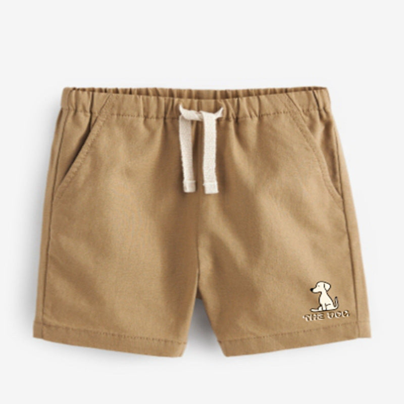 Boys solid soft cotton casual shorts in brown with a cute dog logo, perfect for summer wear.