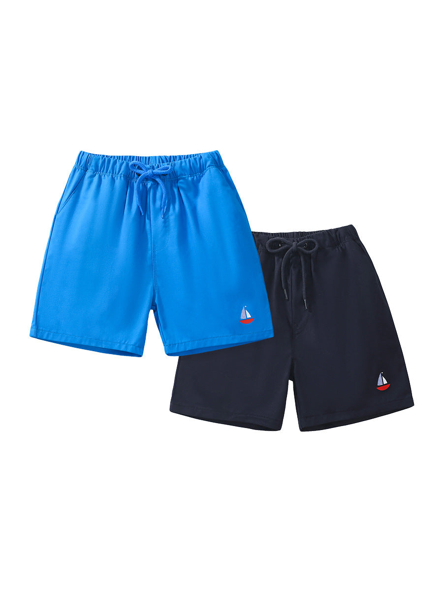Boys solid cotton casual shorts in black and blue with a sailboat logo, perfect for summer wear.