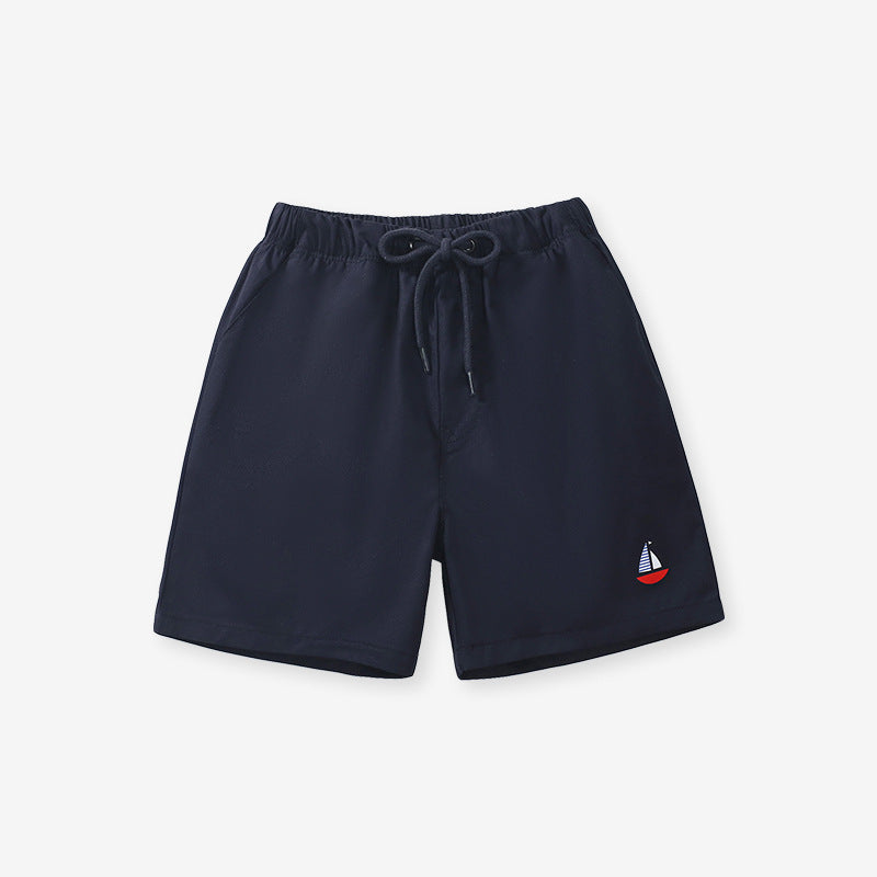 Boys solid cotton casual shorts in black and blue with a sailboat logo, perfect for summer wear.