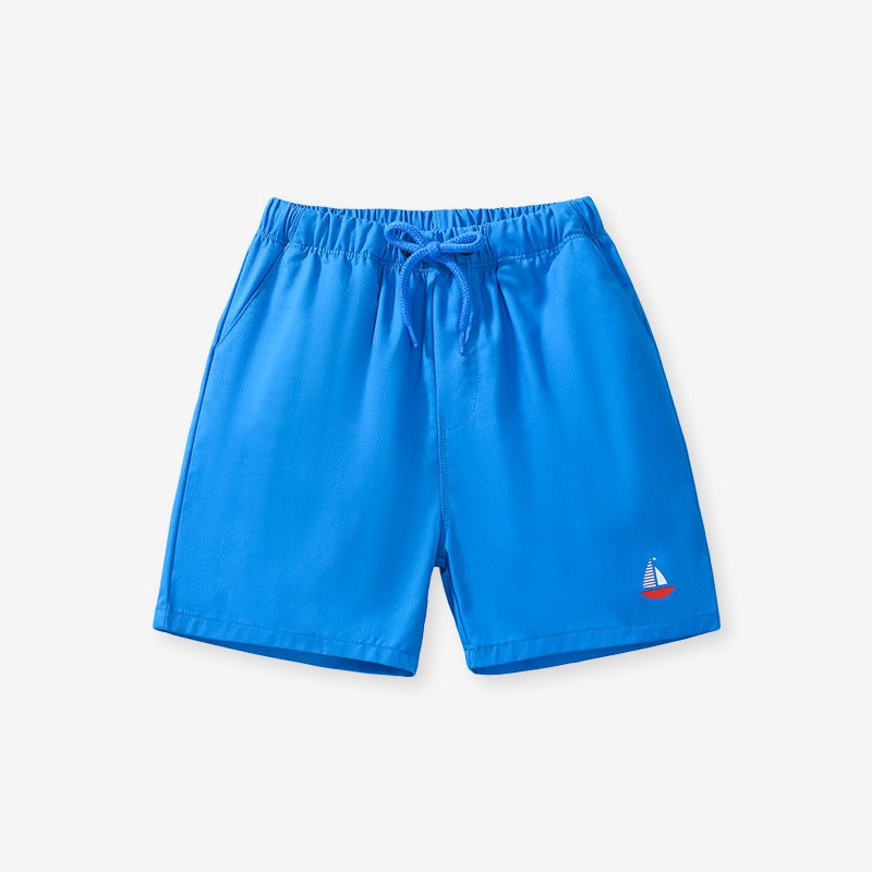 Boys solid cotton casual shorts in black and blue with a sailboat logo, perfect for summer wear.