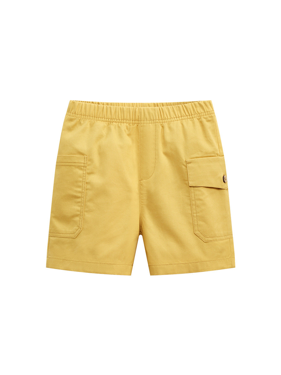Boys solid yellow cotton casual shorts with pockets, perfect for summer wear.