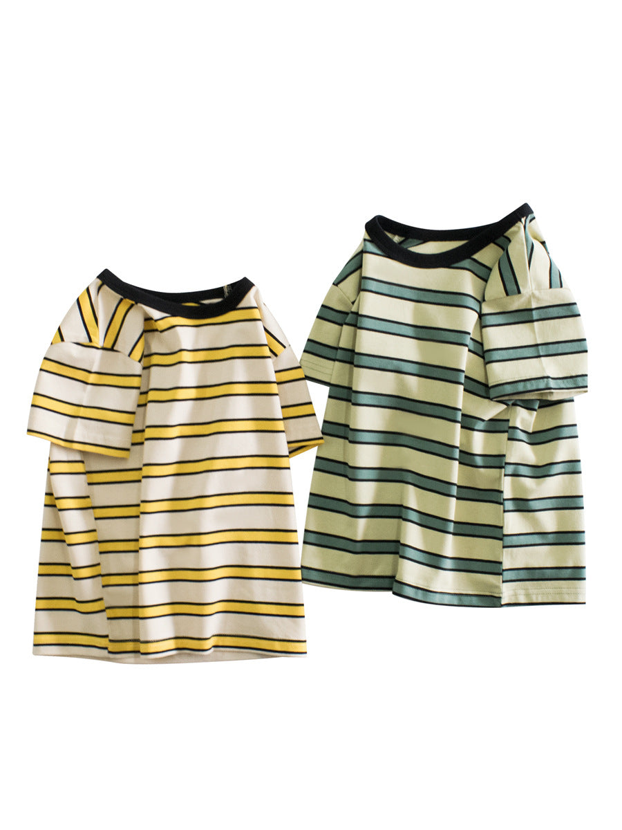 Boys’ Striped Pattern Casual T-Shirt in green and yellow, made from 95% cotton, perfect for summer wear.