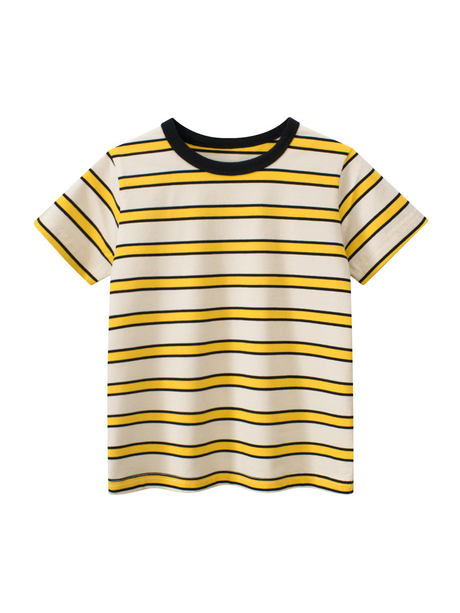Boys’ Striped Pattern Casual T-Shirt in green and yellow, made from 95% cotton, perfect for summer wear.