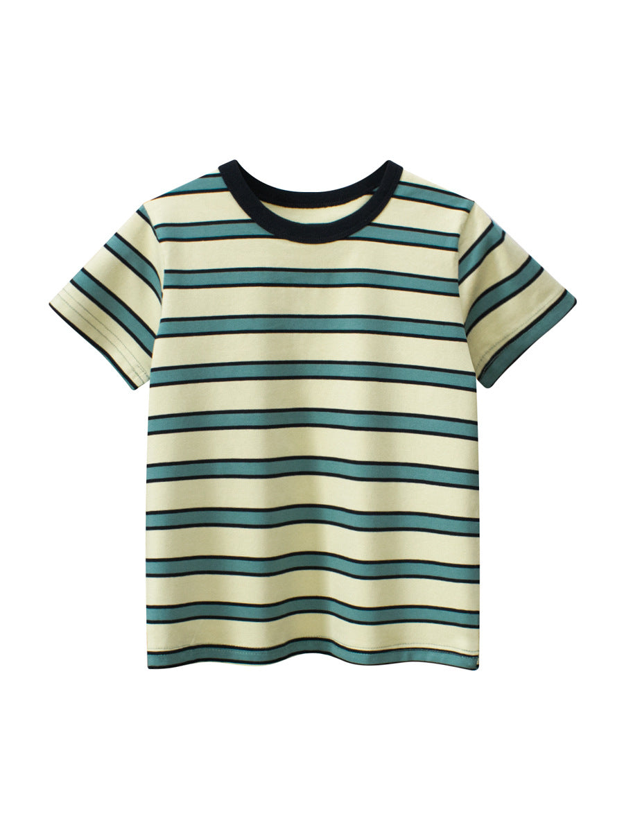 Boys’ Striped Pattern Casual T-Shirt in green and yellow, made from 95% cotton, perfect for summer wear.