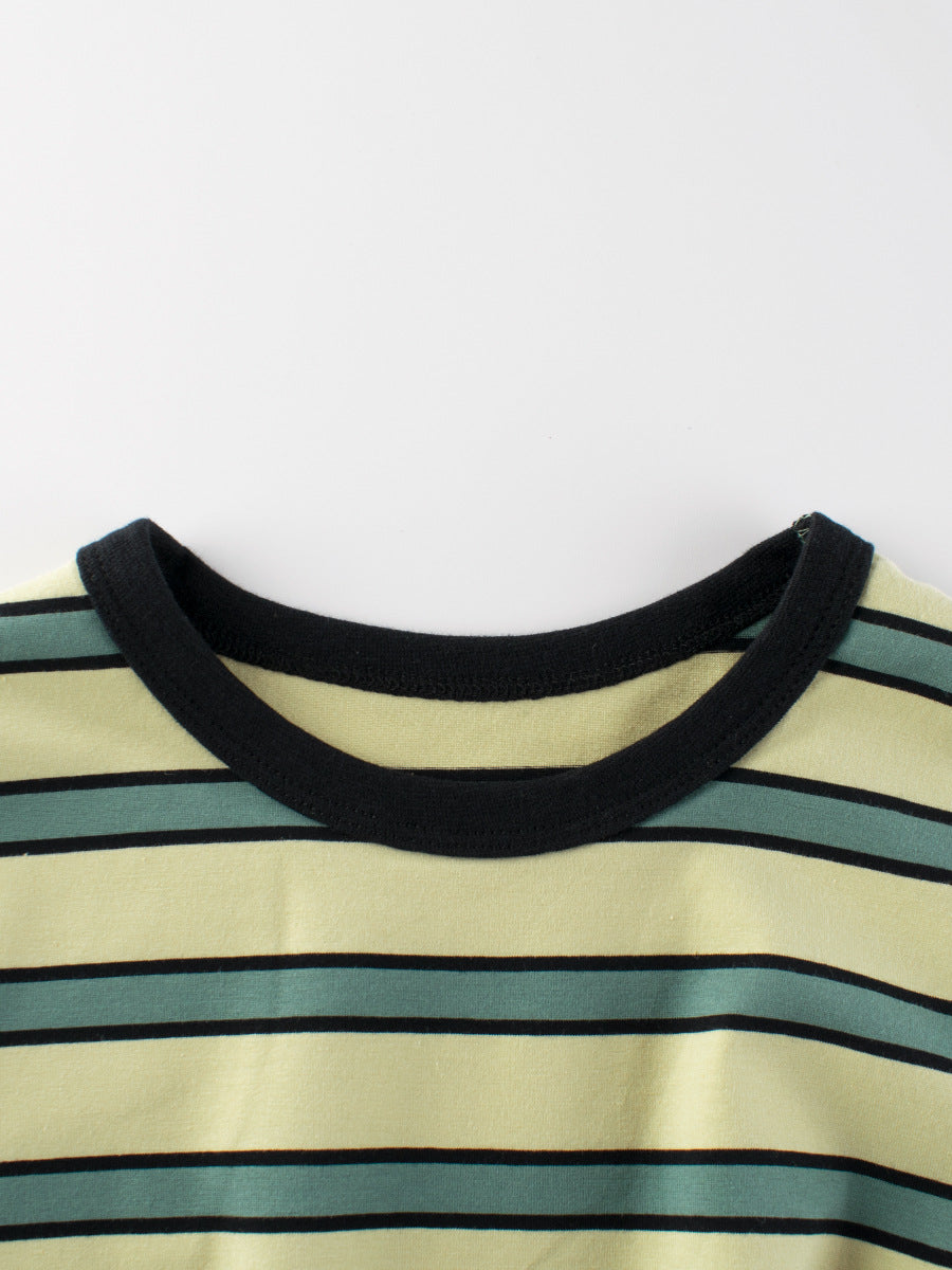 Boys’ Striped Pattern Casual T-Shirt in green and yellow, made from 95% cotton, perfect for summer wear.