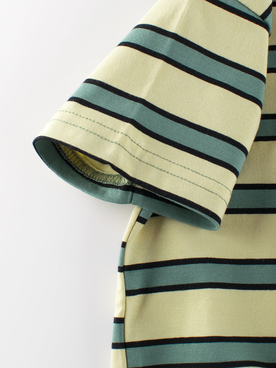 Boys’ Striped Pattern Casual T-Shirt in green and yellow, made from 95% cotton, perfect for summer wear.